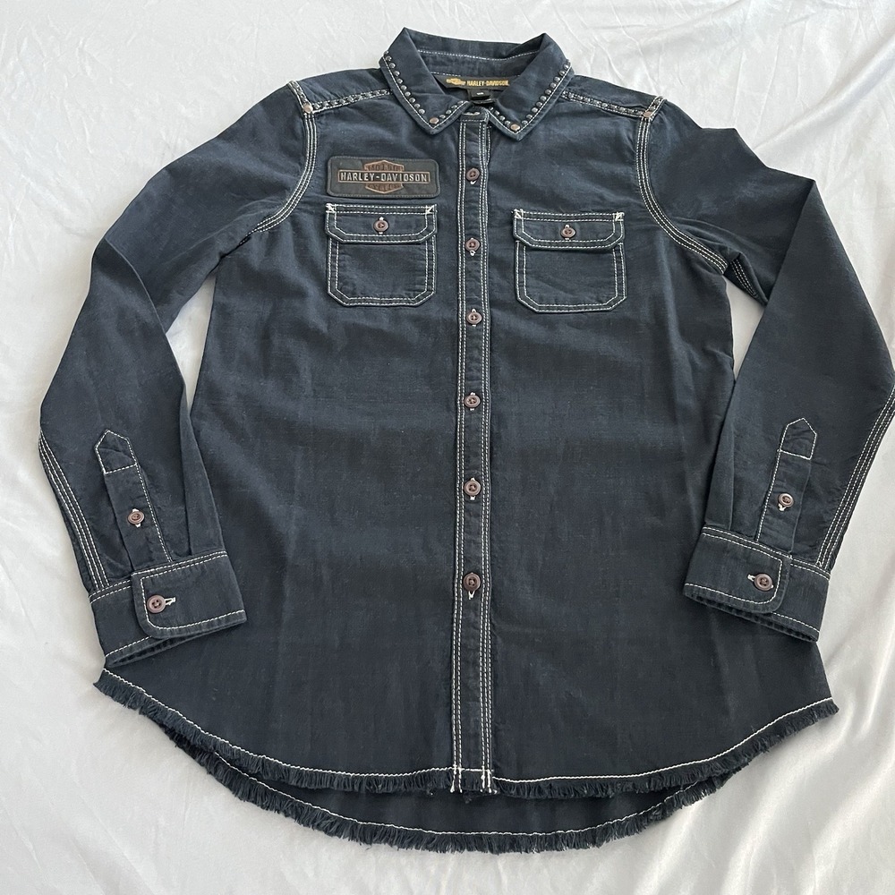 Vintage Harley Davidson Shirt Women XS Black Denim Studded Raw Hem Long Sleeve